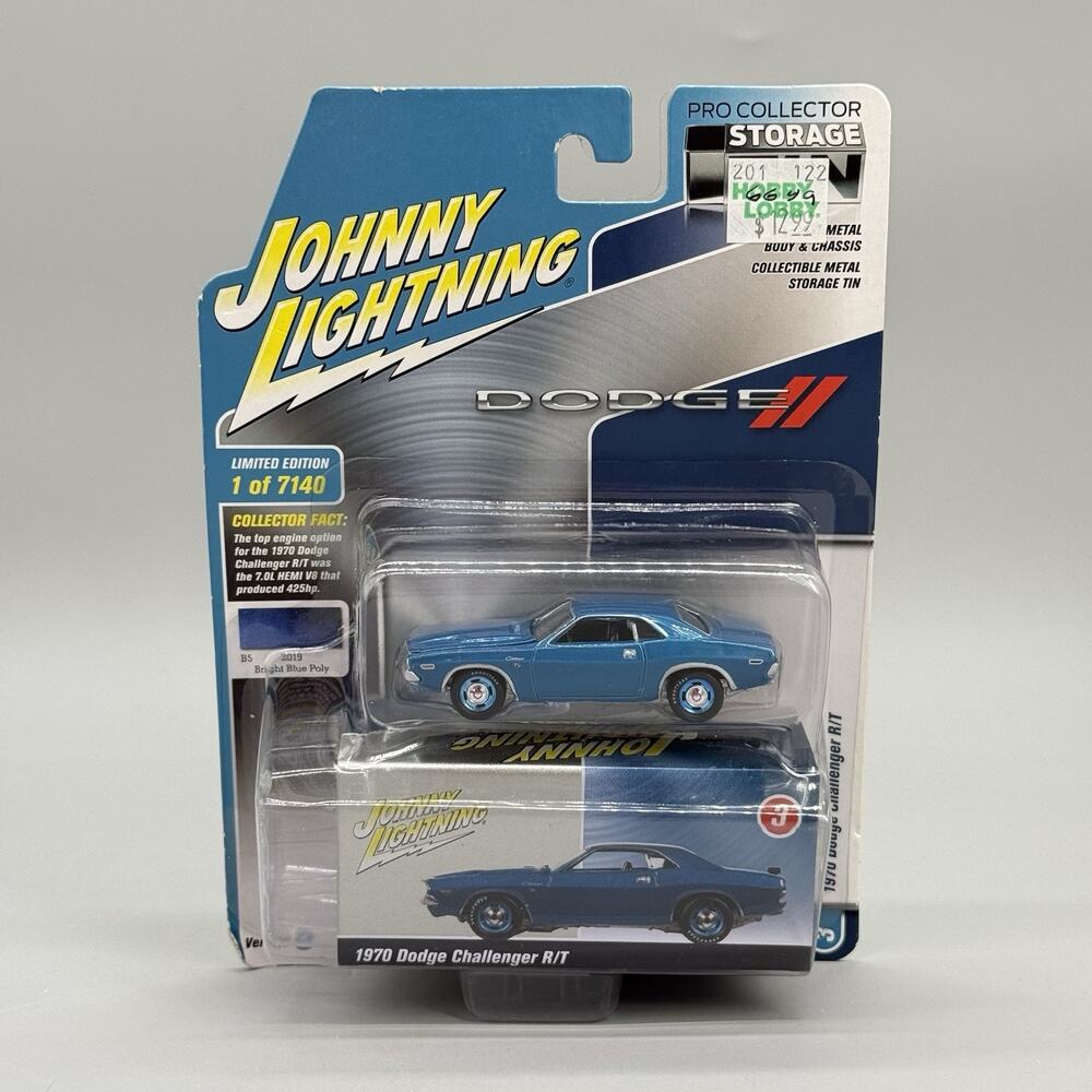 Johnny Lightning Dodge Challenger R/T 1:64 Diecast Car Blue 1970 Collector Tin